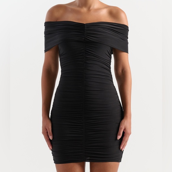 Naked Wardrobe Go Off-Shoulder Ruched Dress in Black - Picture 1 of 5